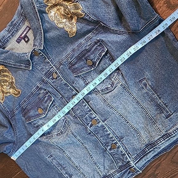 Denim 24/7 Wmns Plus 30W Blue Denim Gold Beaded Sequins Jacket Embellished Bling - Picture 14 of 16